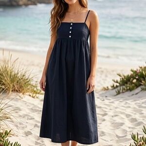 Neuflora Babydoll Poplin Cotton Button Midi Dress in Black Medium New